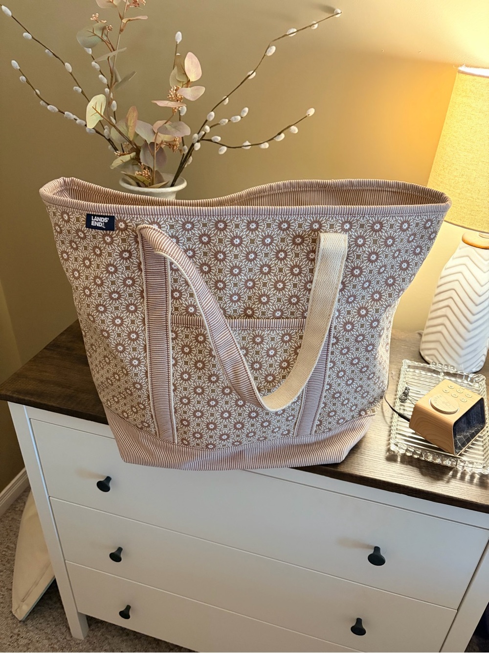 Lands' End Beige and Pink Floral Canvas LARGE Tote Bag